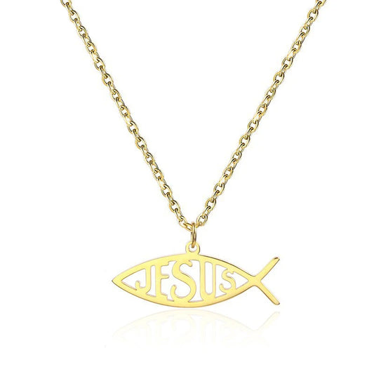 Gold Jesus Fish Pendant Necklace